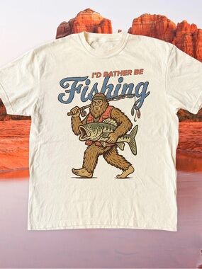 Bear Fish Shirt, I'd Rather Be Fishing Graphic T-Shirt - Off White Unisex